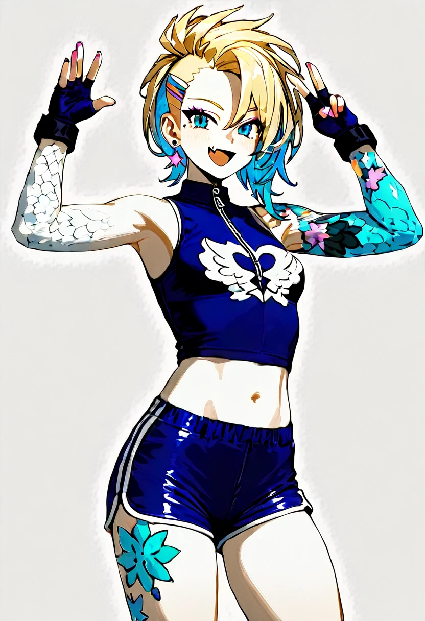 Female,155cm tall,slim,pale skin,blue eyes,blonde hair with pink highlights,topknot mohawk hairstyle,light smile,fang out,(colourful celestial tattoos:1.37),small bust,action poses,wearing tight dolphin shorts,((cowboy shot)),(best quality,4k,8k,highres,high resolution,masterpiece:1.2),(ultra-detailed:1.22), (intricately detailed tattoos:1.27), (consistent tattooing), correct anatomy, jogging through a park on a foggy morning, (realistic,photorealistic,photo-realistic:1.37),vivid colors,natural morning light,physically-based rendering,