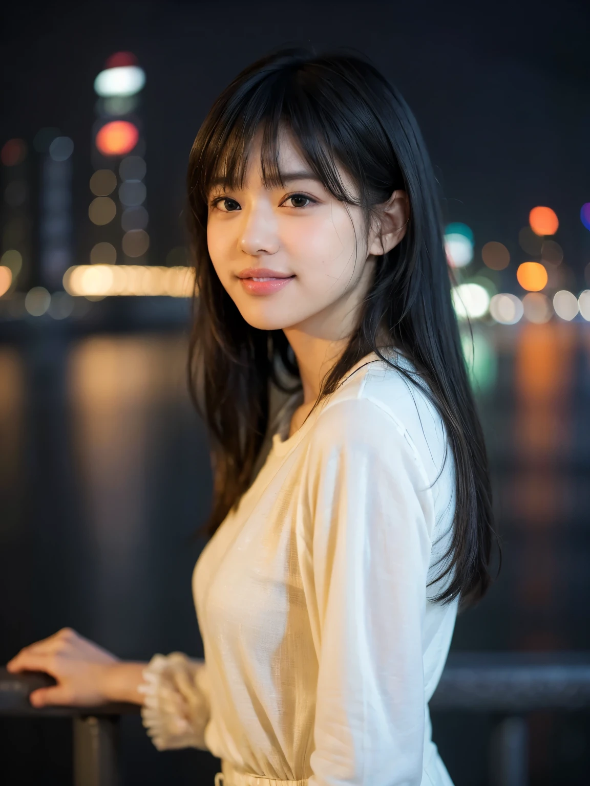 (Best Quality,masterpiece:1.3,Ultra High Resolution),(super detailed,caustics),(Realistic:1.4,RAW shooting), 1 girl,Flat bangs、Looking at the camera and smiling、Tokyo night view、illumination、 Blurred Background