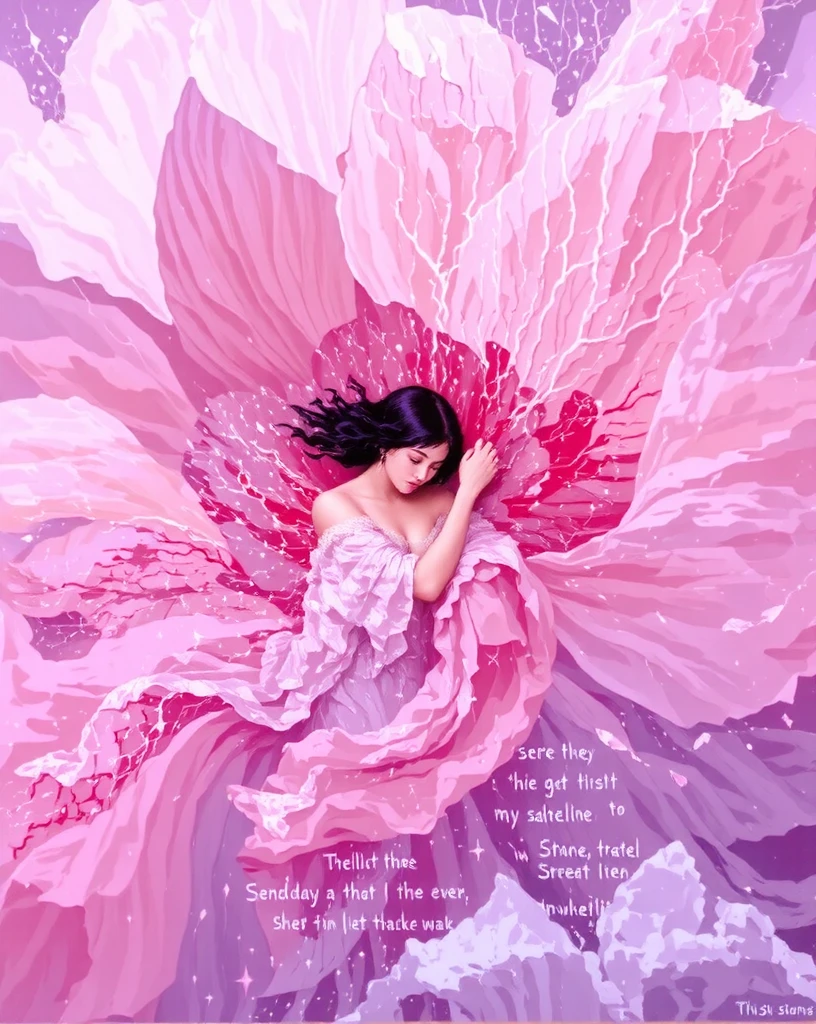 A surreal, dreamlike Baroque painting of a beautiful white girl with long black hair till her knees lying nude on an enormous blooming crimson lotus flower as the central focus. The petals of the lotus flower are rendered in various shades of pink to red, from light blush to deep rose, with intricate, layered textures creating depth and movement. The color palette transitions smoothly from crimson to soft pink to lavender, adding to the ethereal quality. A beautiful  girl with very long hair tll her knees is lying within the center of the lotus flower, her body is visible and serene appears to be embracing herself or resting against the petals, surrounded by their delicate folds. Her eyes are closed, enhancing the tranquil atmosphere. The lighting is soft, diffused, and even, casting gentle shadows that accentuate the texture of the petals and illuminate the scene without harsh contrasts. The composition is centralized, emphasizing the interplay between the subject and the environment. The shallow depth of field keeps the focus on the woman and the immediate area around her, while the rest of the image fades into a blur of more elaborate petal details. The image has high contrast and saturation, contributing to its vibrant appearance.
