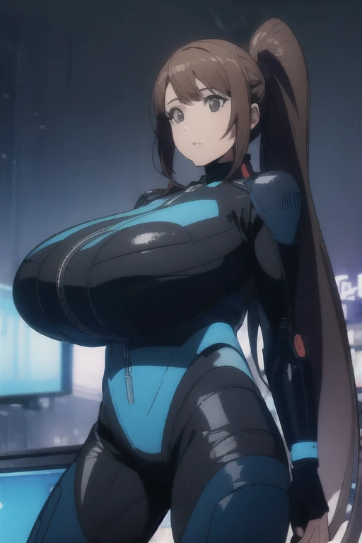 1girl, solo, detailed face, perfect face, perfect eyes, realistic eyes, perfect fingers, Character design, beautiful woman, zero suit, sci-fi, cyberpunk esthetic, cyberpunk background, long hair, brown hair, black eyes, gigantic breasts, ponytail, cowboy shot, hitomi-t