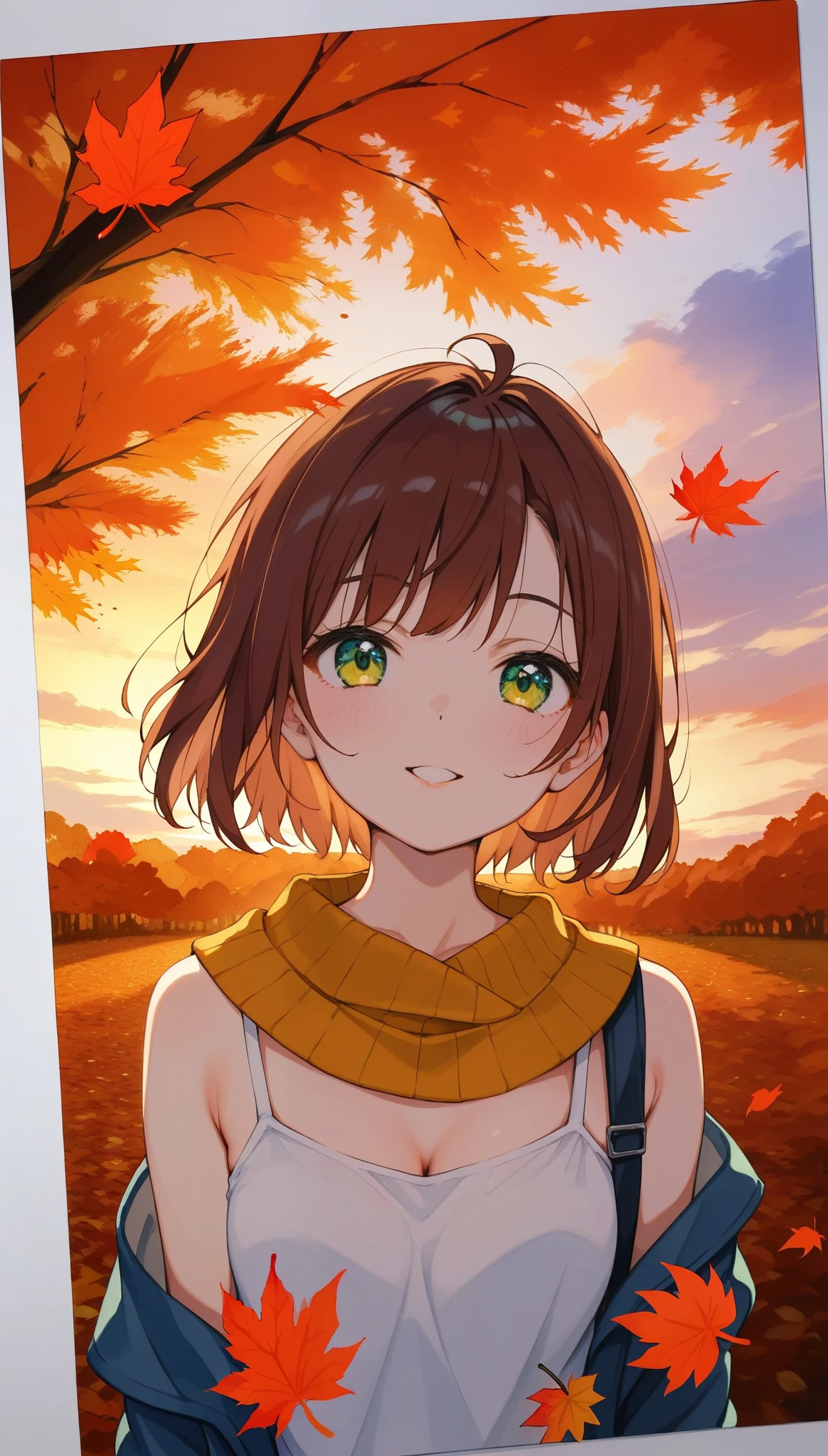 (masterpiece:1.2),(Best Quality),( very detailed ),( Kampala),8k,wallpaper,(1人のwoman:1.5),(Watercolor:1.3),(autumn leaves:1.6),(woman:1.6),(Upper body close-up),枯葉が舞う並木道を歩くwoman,front,Sunset, Beautiful Gradients ,Photo Frames