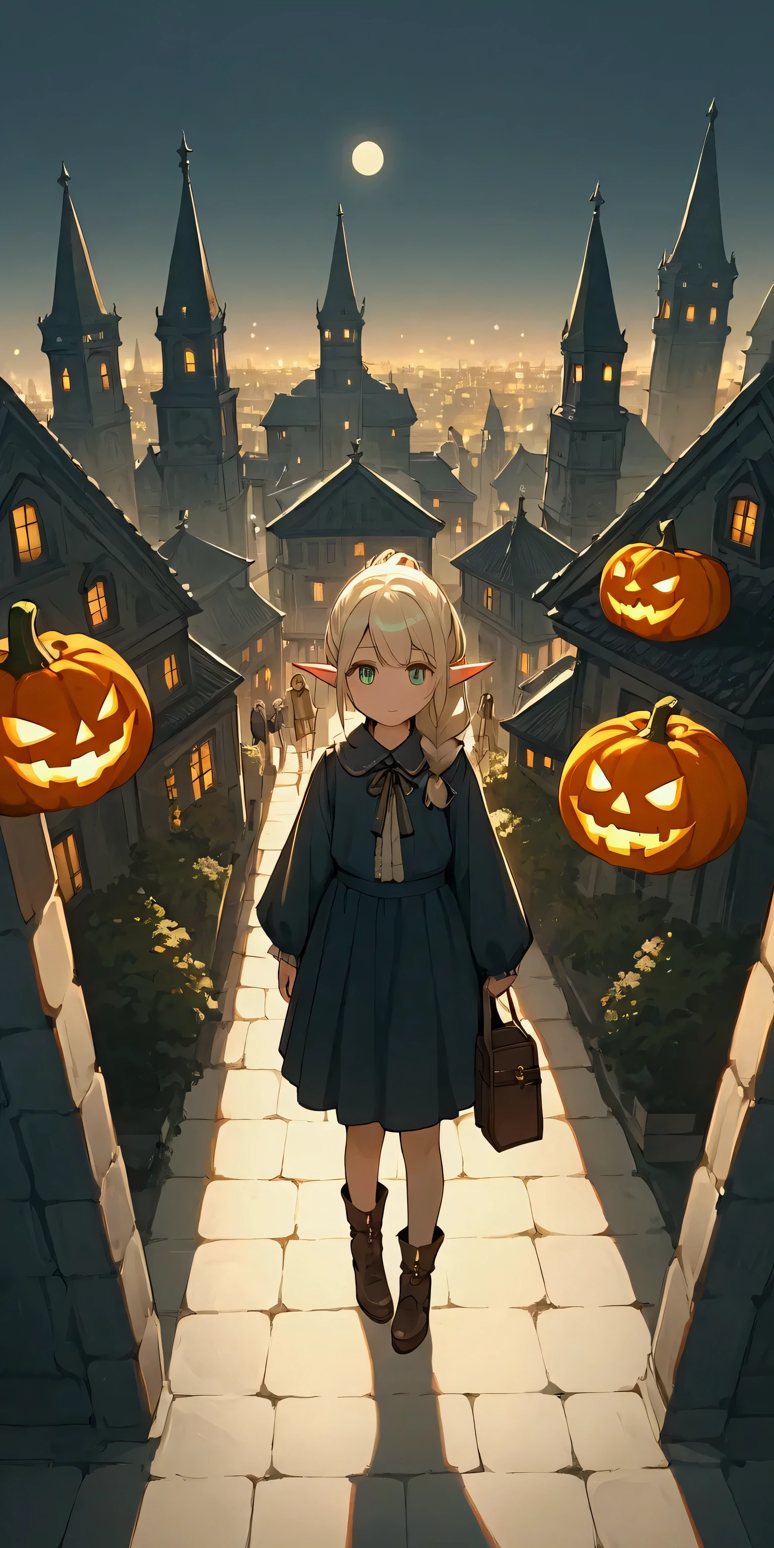 Jack-o-lantern,elaborate city.In city live 6+girls\(cute, very small, dwarf, elf ears, witch clothes\).from above.score_9, score_8_up, score_7_up, score_6_up, score_5_up, score_4_up, source_anime,source_furry,rating_safe,rating_questionable,masterpiece, best quality, perfect anatomy , very aesthetic , absurdres,limited pallet,(dynamic angle)