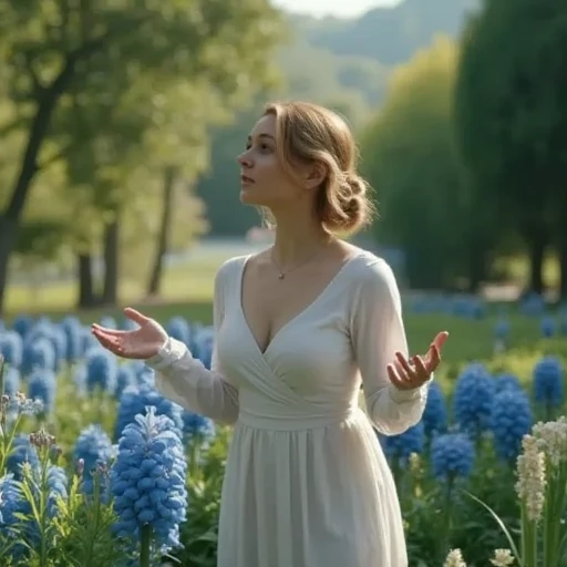 In an aromatic garden ,  is standing and stretching her arms,  gently touching the petals of the flower she met ,  a blind lady who is connected to nature and sweet blue flowers .