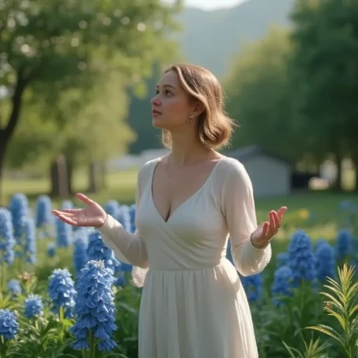 In an aromatic garden ,  is standing and stretching her arms,  gently touching the petals of the flower she met ,  a blind lady who is connected to nature and sweet blue flowers .