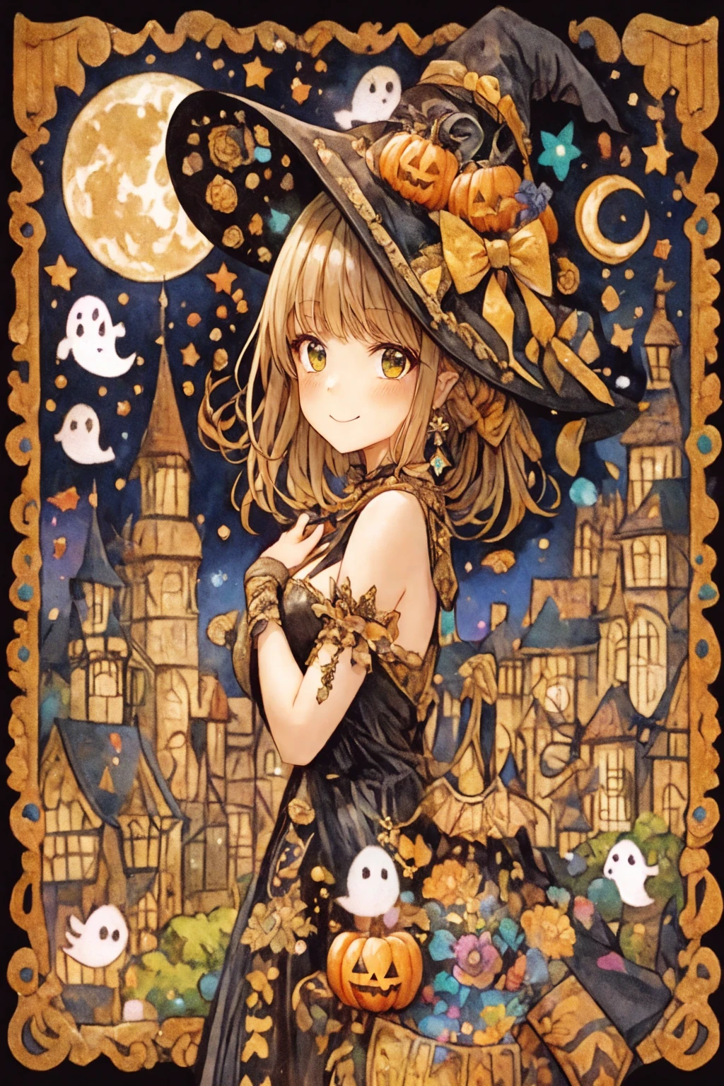 a close up of a smiling woman in a witch costume holding a pumpkin, halloween art style, smiling witch girl, in a halloween style, bright witch, trick or treat, zerochan art, kirisame marisa, witch fairytale, by Kamagurka, halloween night, marisa kirisame, ❤🔥🍄🌪, classical witch, high detailed official artwork, halloween celebration