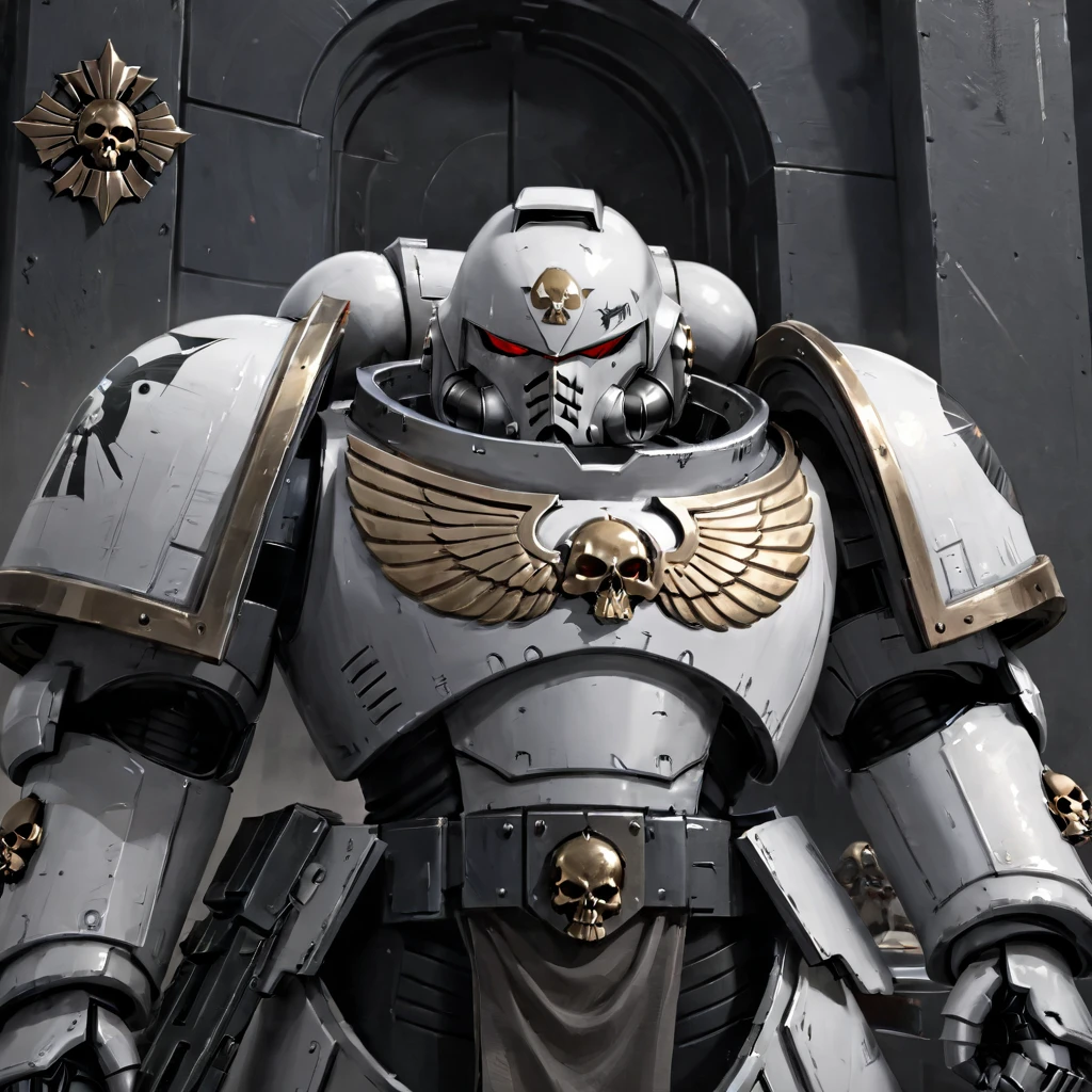 Behold the resplendent battle-brothers of the noble Star Phantoms Chapter, clad in the hallowed and iconic power armor of the Adeptus Astartes. Their imposing, segmented forms radiate an aura of unyielding strength and determination, a testament to the fearsome might of these genetically-enhanced supersoldiers. The Star Phantoms' pristine white armor plates are adorned with the Chapter's distinctive heraldic symbols - a stylized black hourglass with twin skulls, a solemn representation of their mortuary beliefs and their sacred duty to the fallen. Burnished gold trims accentuate the grandeur and craftsmanship of their wargear, while the crimson lenses of their combat helmets glow with vigilant focus. On their right shoulder plates, black squad specialty markings denote the individual battle-brothers' roles - whether they serve as stalwart battleline troops, devastating close support, or lethal fire support. A small Low Gothic numeral beside these symbols identifies their squad number, a mark of their individual identity within the greater Chapter. The left shoulder plate bears the Chapter's icon with pride, a visual proclamation of their allegiance to the God-Emperor and the Imperium of Man. The color of the left knee plate denotes the company to which each warrior belongs, a testament to the coordinated, combined arms approach that defines the Star Phantoms' tactics. Towering above the battlefield, these white-armored champions stand as paragons of the Adeptus Astartes, their very presence striking fear into the hearts of the enemies of the Imperium. Let all who gaze upon them know that where the Star Phantoms tread, the God-Emperor's righteous fury shall be unleashed upon the unworthy, and the galaxy shall tremble in their wake.