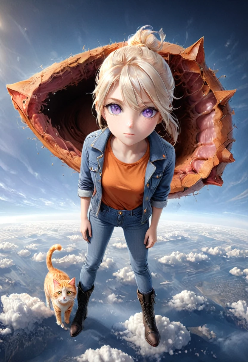 Pinhole photography, Realistic animation, Wide angle effect ,   Cross-section theme  , 1 Girl,  Light blond hair， low ponytail  ,White mask、There is an orange cat by my side、Lilac short-sleeved T-shirt、Coat、Denim trousers、双手插在Coat口袋里 ,   black boots ,   Floating in the sky overlooking the earth , From above,  Expressive body language , Focus on the face and eyes,  super detailed,  Line Art , 。