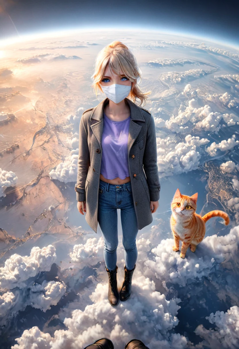 Pinhole photography, Realistic animation, Wide angle effect ,   1 Girl,  Light blond hair， low ponytail  ,White mask、There is an orange cat by my side、Lilac short-sleeved T-shirt、Coat、Denim trousers、双手插在Coat口袋里 ,   black boots ,   Floating in the sky overlooking the earth , From above, Focus on the face and eyes,  super detailed,  Line Art , 。