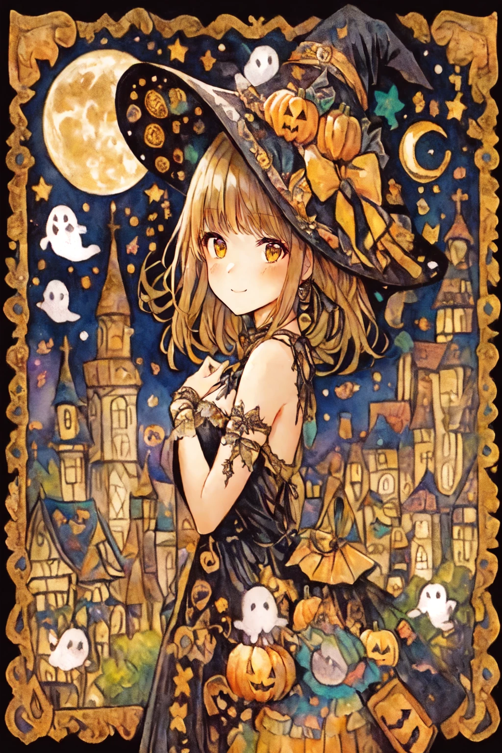 a close up of a woman in a witch costume holding a pumpkin, halloween art style, witch girl, in a halloween style, bright witch, trick or treat, zerochan art, kirisame marisa, witch fairytale, by Kamagurka, halloween night, marisa kirisame, ❤🔥🍄🌪, classical witch, high detailed official artwork, halloween celebration