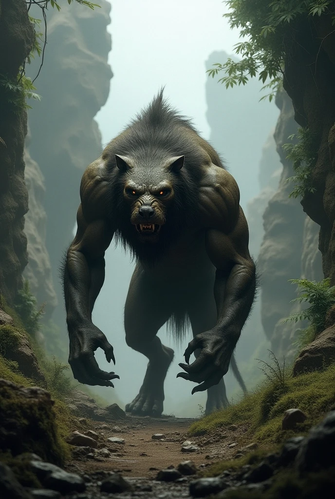 Gigantic dangerous and mythical cross between a muscular Lion and a goat with scary background