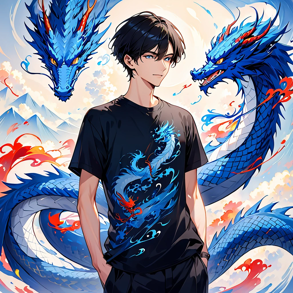 There is only one 30-year-old man 。 tall, slender, and wearing a black t-shirt。Black and short hair。 with a blue dragon swirling in the background 。 colorful ink painting based on blue 。