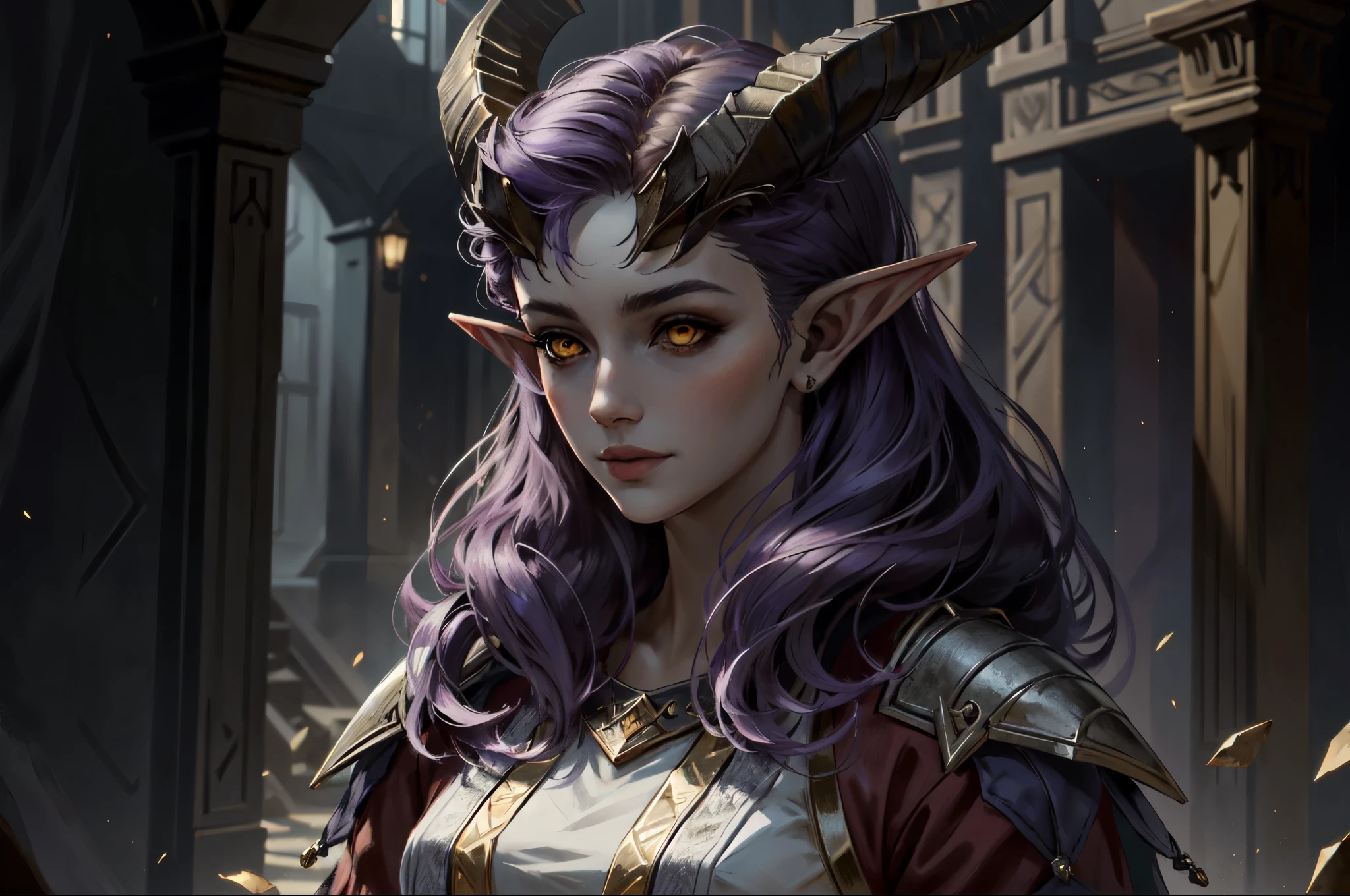 woman, solo, (masterpiece, best quality:1.2) AlfiraBG, horns, pointy ears, yellow eyes, purple hair 