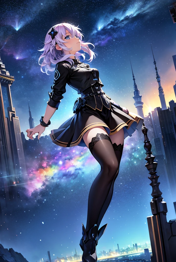 alta resolución,  masterpiece ,  The best quality, necessary, HD model,  tall details ,  high quality,  very detailed ,  Textured skin , UHD, Night city with sky full of stars with many colors,  looking up at the sky , you see the whole body, Black clothing and high stockings 