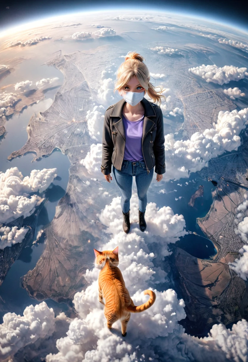 Pinhole photography, Realistic animation, Wide angle effect ,   1 Girl,  Light blond hair， low ponytail  ,White mask、There is an orange cat by my side、Lilac short-sleeved T-shirt、Coat、Denim trousers、双手插在Coat口袋里 ,   black boots ,   Floating in the sky overlooking the earth , From above, Focus on the face and eyes,  super detailed,  Line Art , 。