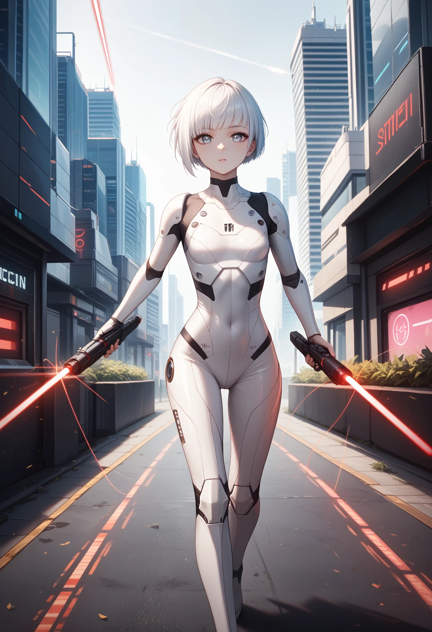 (masterpiece, best quality), (score_9,score_8_up,score_7_up), (highly-detailed, smooth anime style), 
futuristic, scifi, advanced technology, 
((young woman)), ((26 years old)), (very short hair:1.4), (ashen white hair), (straight bangs, bobcut), (slender:1.4), slim, thin legs, classy, fancy, cute, smooth pale skin, (bright greyish-white eyes), elegant, , (white tight armour suit), glowing details, 
dynamic pose, running, (wielding laser guns), 
(outdoors), (futuristic city), battle, laser shots, 
glowneon, good_hands, 