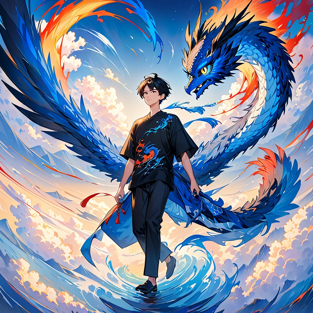 There is only one 30-year-old man 。 tall, slender, and wearing a plain black t-shirt。Black and short hair。 with a blue dragon swirling in the background 。There's an owl flying in the sky 。 colorful ink painting based on blue 。