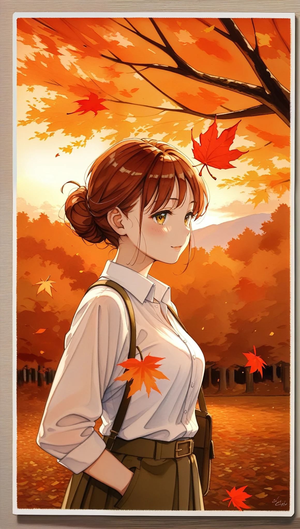 (masterpiece:1.2),(Best Quality),( very detailed ),( Kampala),8k,wallpaper,(1人のwoman:1.5),(Watercolor:1.4),(autumn leaves:1.6),(woman:1.6),(Upper body close-up),枯葉が舞う並木道を歩くwoman,front,Sunset, Beautiful Gradients ,Photo Frames