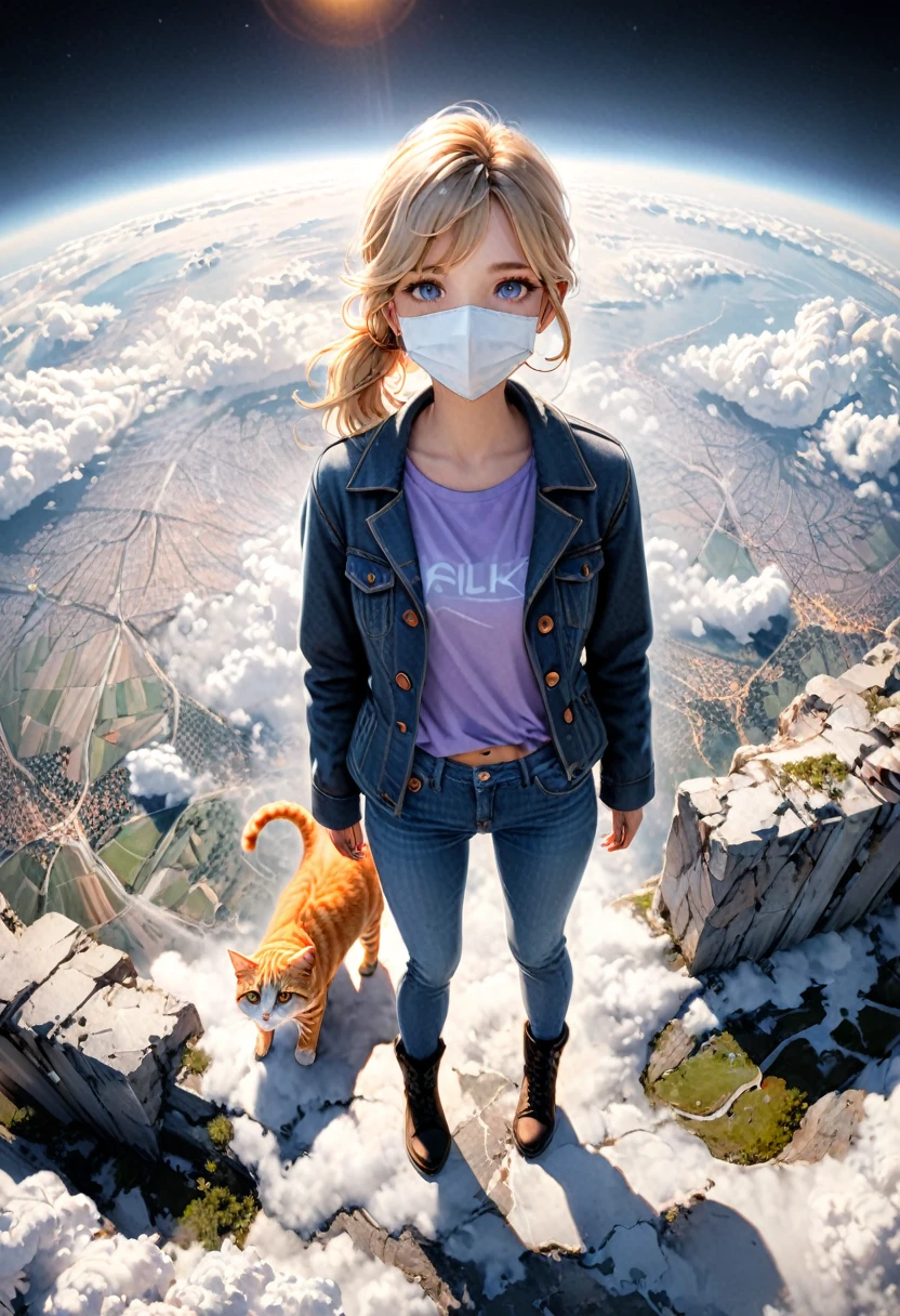 Pinhole photography, Realistic animation, Wide angle effect ,   1 Girl,  Light blond hair， low ponytail  ,White mask、There is an orange cat by my side、Lilac short-sleeved T-shirt、Coat、Denim trousers、双手插在Coat口袋里 ,   black boots ,   Floating in the sky overlooking the earth , From above, Focus on the face and eyes,  super detailed,  Line Art , 。