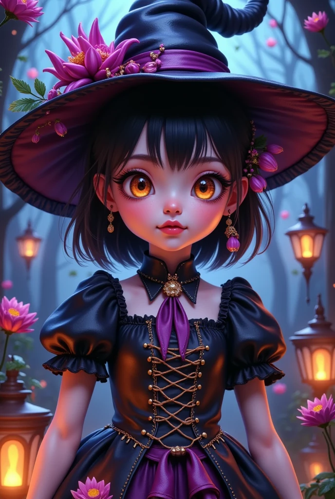 1 Girl, meticulous eyes , Detailed Lips ,  extremely detailed face ,Long eyelashes,Detailed clothing,Halloween,Gothic, Dark Fantasies , surrealism, colorful , vibrant , gloomy lighting , dramatic lighting