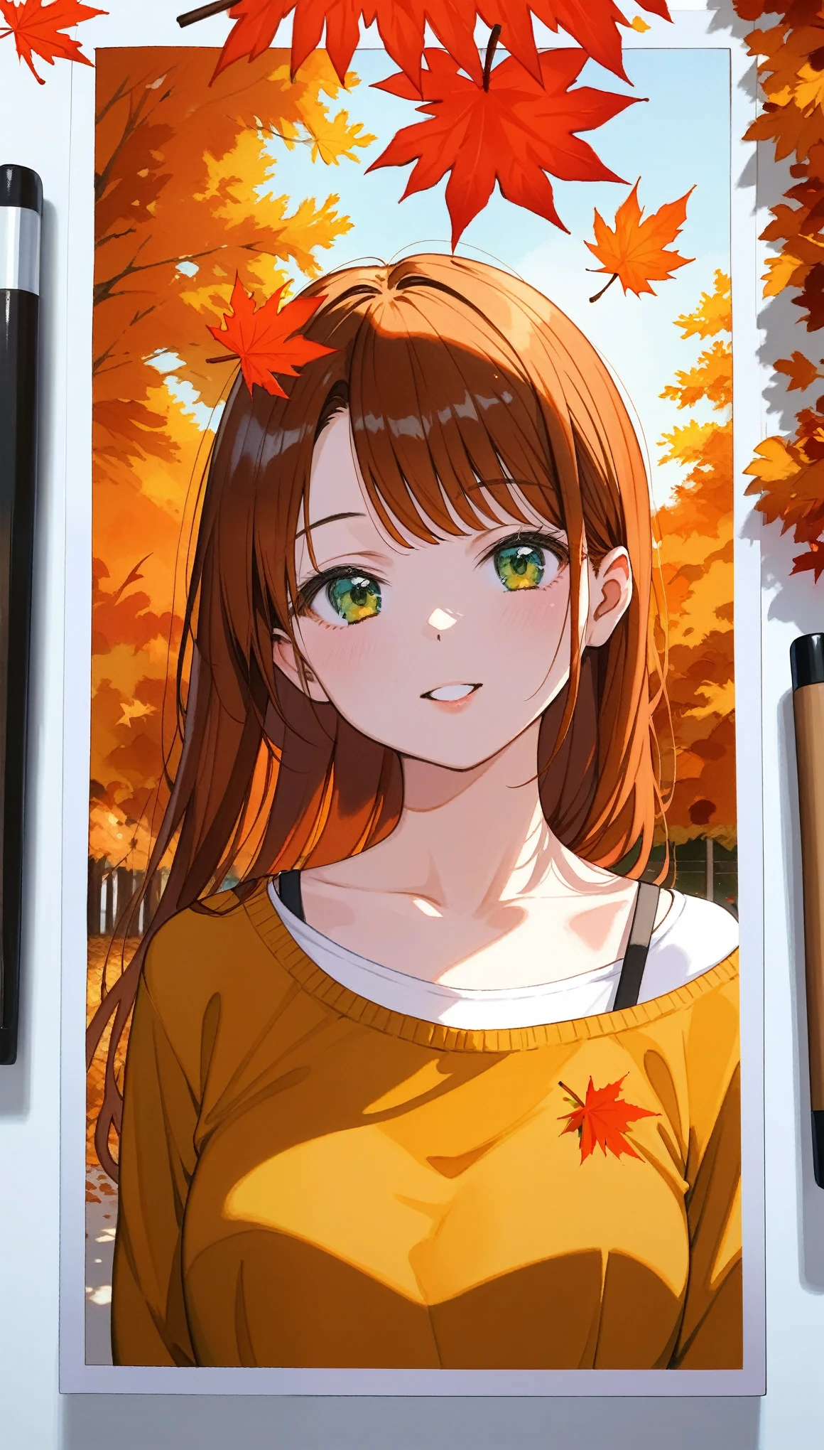 (masterpiece:1.2),(Best Quality),( very detailed ),( Kampala),8k,wallpaper,(1人のwoman:1.5),(Watercolor:1.4),(autumn leaves:1.6),(woman:1.6),(Upper body close-up),枯葉が舞う並木道を歩くwomanの写真,front,Sunset, Beautiful Gradients ,Photo Frames
