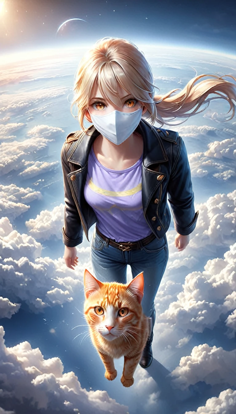 Pinhole photography, Realistic animation, Wide angle effect ,   1 Girl,  Light blond hair， low ponytail  ,White mask、There is an orange cat by my side、Lilac short-sleeved T-shirt、Coat、Denim trousers、双手插在Coat口袋里 ,   black boots ,   Floating in the sky overlooking the earth , From above, Focus on the face and eyes,  super detailed,  Line Art , 。