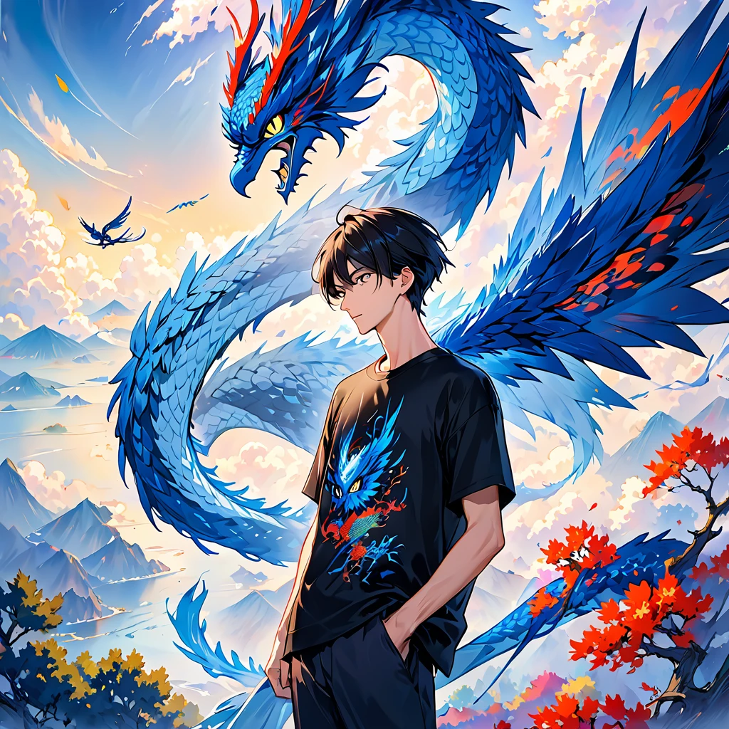 There is only one 30-year-old man 。 tall, slender, and wearing a plain black t-shirt。Black and short hair。A blue dragon and an owl are flying in the background。 colorful ink painting based on blue 。