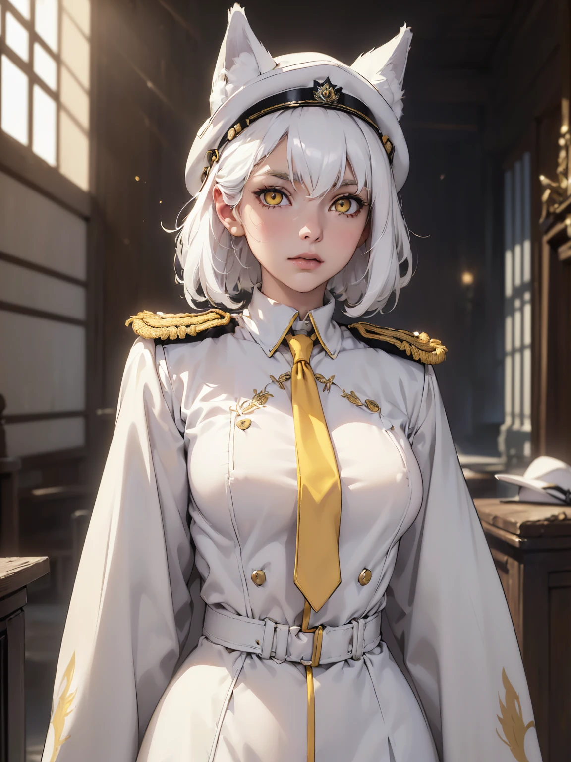 (best lighting) (best quality, masterpiece:1.2), (absurdres), wide portrait, ((alluring, ethereal, shy)), one woman, ((white fox ears, white fox tail)), ((very short, messy white hair), ((bright yellow eyes)), (detailed eyes), (small breasts), ((white military uniform, tie, hat)), (slim), soft lighting, hazy, cinematic, diffused lighting  