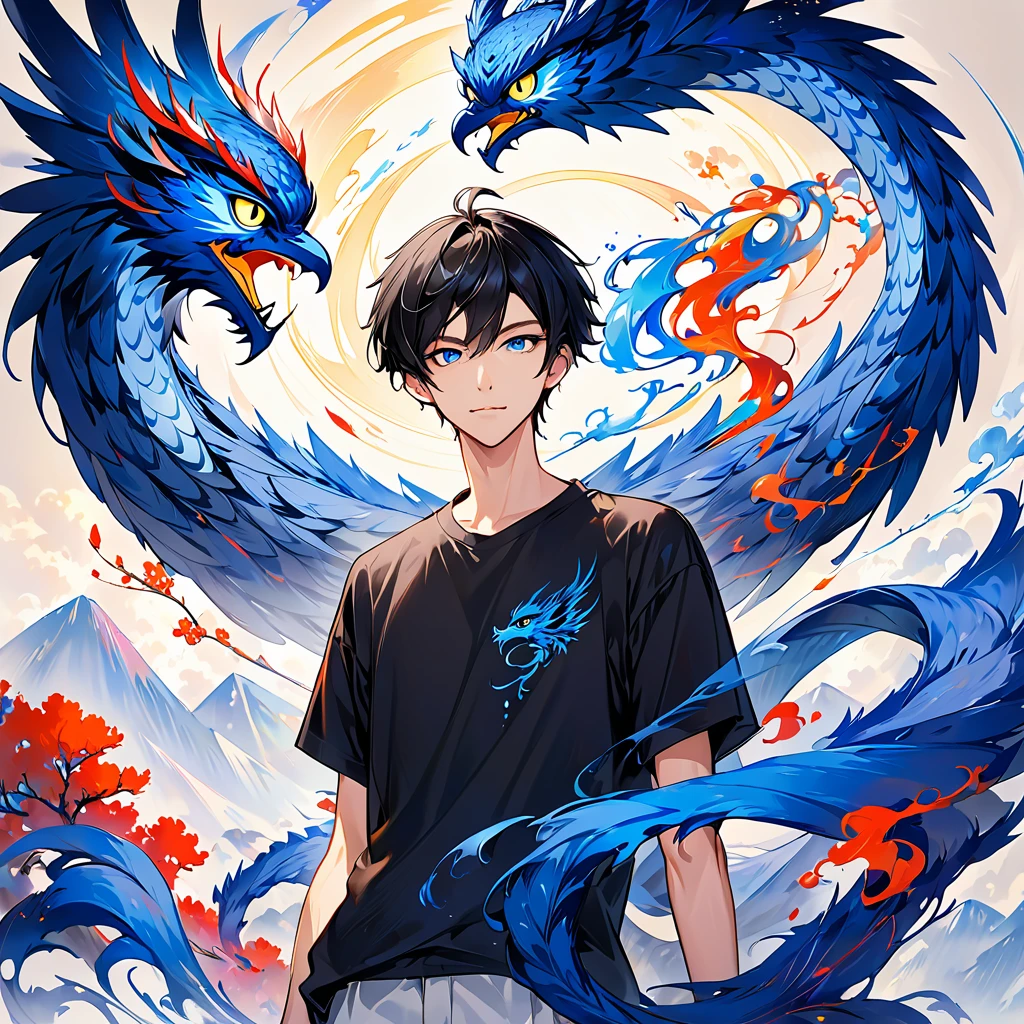 There is only one 30-year-old man 。 tall, slender, and wearing a plain black t-shirt。 I have an owl on my hand 。I have black hair and my hair is pretty short 。 There is a blue dragon swirling in the background。 colorful ink painting based on blue 。