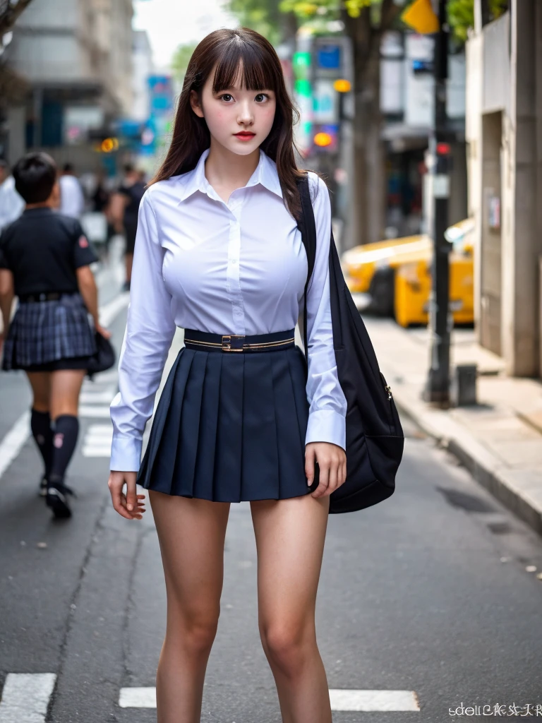 the most beautiful actress is a girl aged 15 in junior high school, her naked crotch is just the same as a boy, her large breasts in her tight formal shirt are not out, the bare thighs of this girl who is standing at the street, nsfw, best quality, highly detailed, masterpiece, ultra high res, photo realistic, 8k