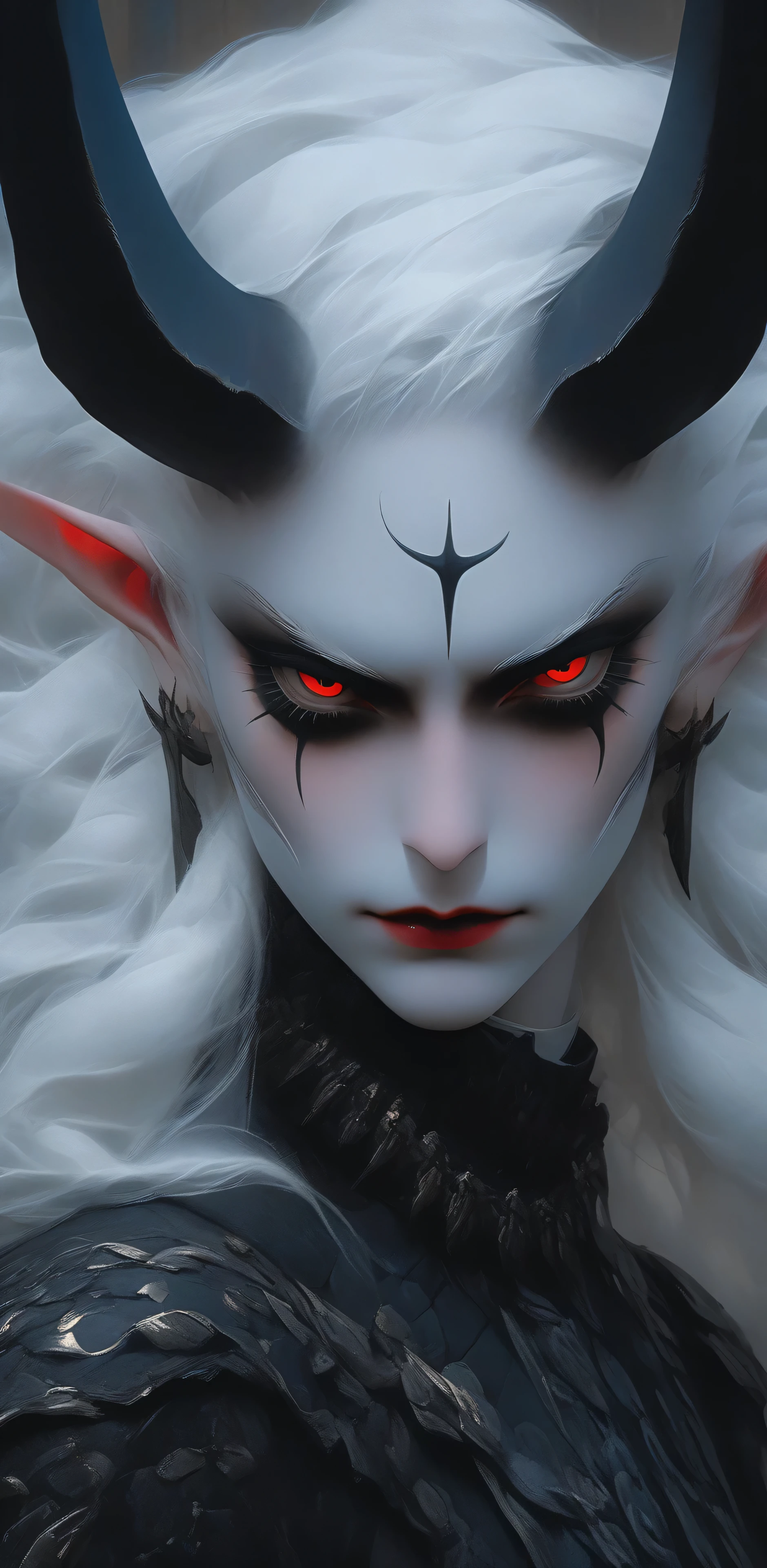 portrait, close up, , Chico skinhea d, Demon boy, very angry, (( total smoky eyes )), (skinhea :1.2 ) , (crimson eyes), (black armor), ( long intricate horns :1.3), red liquid lips, (best quality,4k,8K,highres,masterpiece:1.2), ultra-detailed ,(Realistic,photoRealistic,photo-Realistic:1.37)