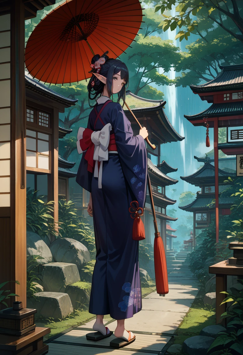 (high resolution)()1girl((female ) (Black Hair,Elf Ears, Very Long,horn)(Kimono,tabi,Sandals,Japanese Umbrella）(Melancholy Rain ,looking back)