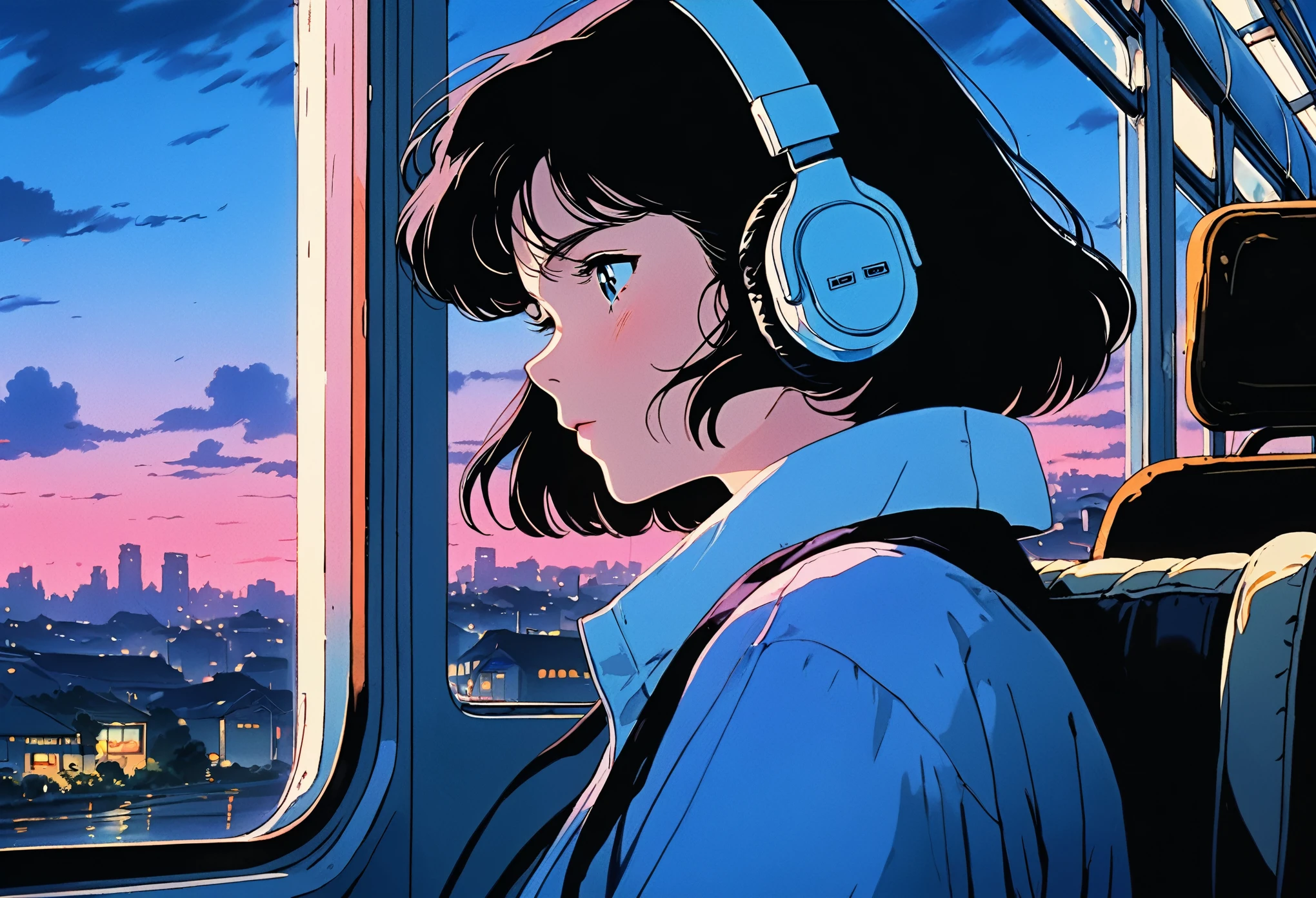 ((Best Quality)), (masterpiece)), (delicate), (Realistic), 80's anime,  wide angle shot,  long shot , Ghibli style,  Lo-Fi Art Style , Nostalgia, Cityscape at dusk, Woman sitting on a bus listening to music, Girl with headphones on and eyes closed, Beautiful short black hair