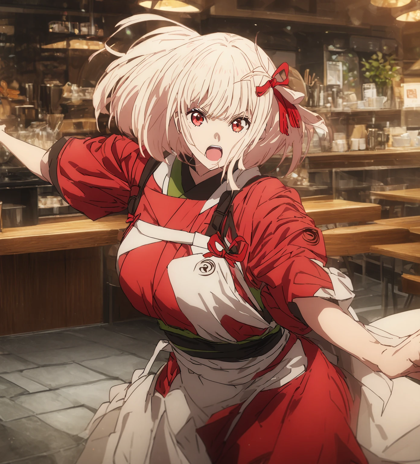 chisato nishikigi, short hair, bangs, blonde hair, red eyes, hair ribbon, one side up, bob cut, large breast, japanese clothes, kimono, apron, red ribbon, waitress, red kimono, open mouth, fighting pose, songoku, fighting style, cafe, from front, looking viewer, wide shot, solo, alone, best quality, high quality, ultra-detailed, super detailed, high resoolution, hyper resolution, 8K, detailed background,