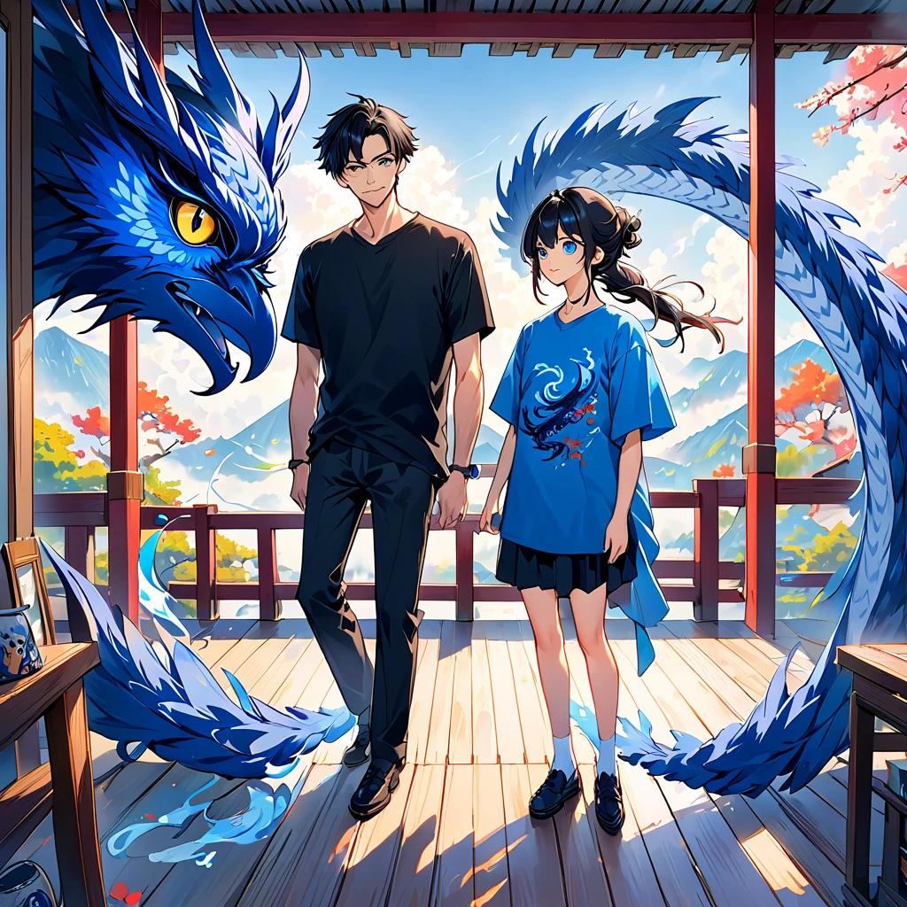 An owl and a 30-year-old man。 tall, slender, and wearing a plain black t-shirt。I have black hair and my hair is pretty short 。 There is a blue dragon swirling in the background。 colorful ink painting based on blue 。