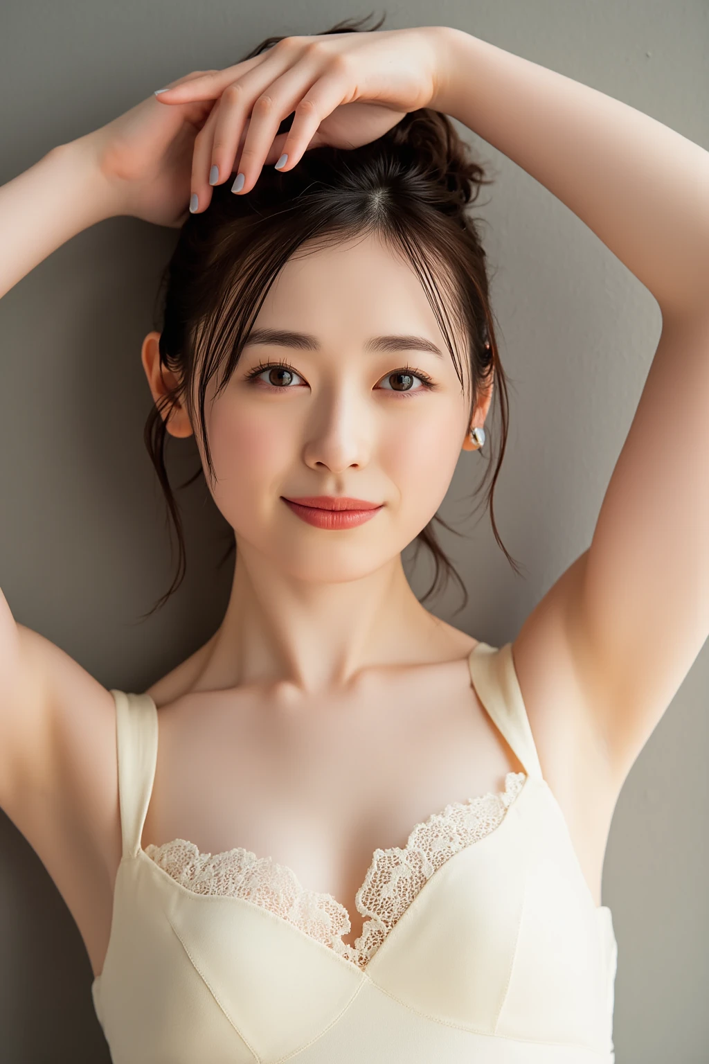 She is in a pose wearing a sexy camisole, making a firm big heart shape with both hands, and holding it in front of her chest, Close-up of a smiling face

