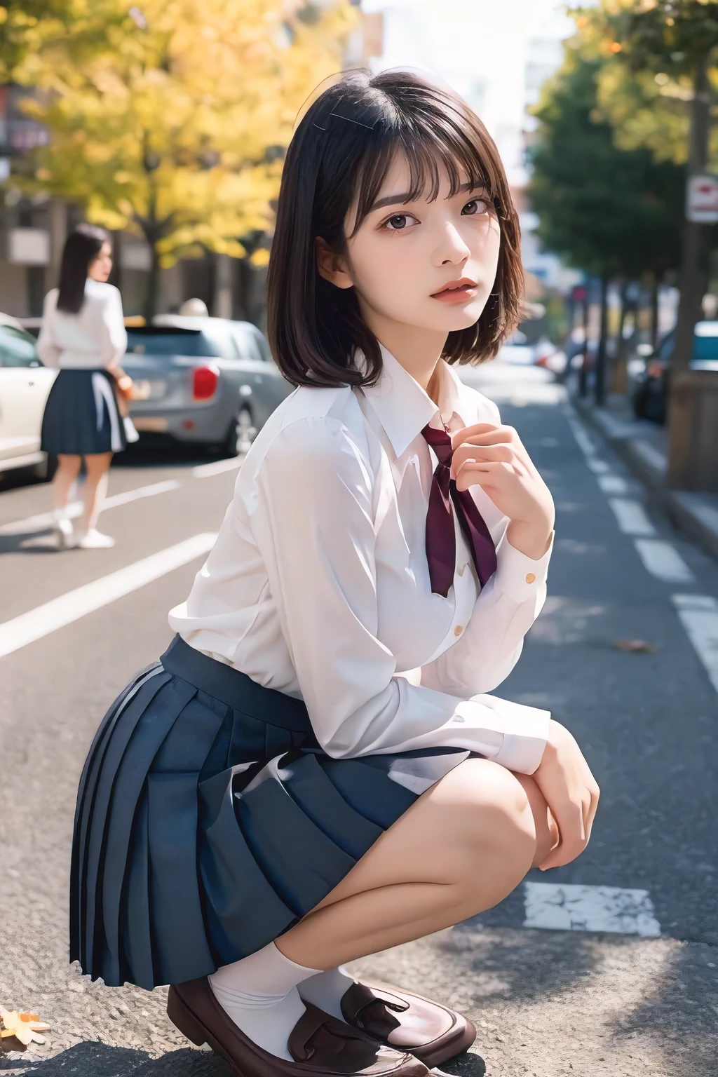  Masterpiece, 4K, bokeh, ((2 girls in:1.5)), (school uniform:1.3), (Plump breast:1.3), (From below:1.2), A close-up, full-body view of a high school girl , Squatting, Seen from a slightly angled front perspective, the focus is on her as she pedals, her face clearly visible with a gentle, focused expression. She wears a crisp white blouse and a navy blue mini pleated skirt, her black hair flowing softly in the breeze. Her slender legs extend gracefully as she pushes the pedals, her skirt fluttering slightly with the movement. Sundown light bathes her figure. Behind her, tree-lined streets and a clear orange sky create a peaceful backdrop, with autumn leaves gently falling around her, capturing the quiet beauty of her daily commute,

BREAK , ((pleated skirt, mini skirt):1.3), ((loafers):1.2),



