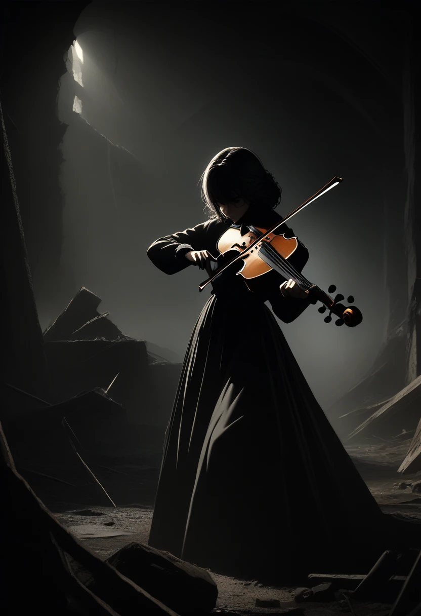 cinematic film still,score_9,score_8_up,score_7_up,masterpiece,best quality,8k,source_cartoon,source_アニメ,
Woman playing a violin, Cool and Strong, Very Detailed Scene, darkness, Background World in Ruin, Everything is falling apart at the seams, darkness, gloomy atmosphere, small rays of sunshine, Masterpiece with Detail,