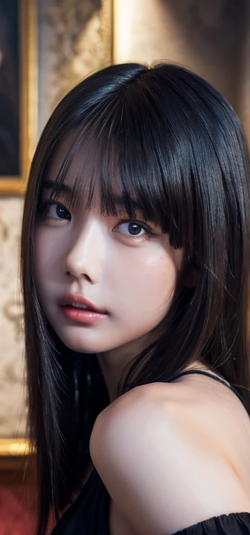 a girl with bare shoulders and midriff,very detailed face and eyes,long dark hair,beautiful detailed lips,extremely detailed and realistic,photorealistic,oil painting,vibrant colors,dramatic lighting,fantasy,dreamlike,cinematic,high quality,8k,masterpiece