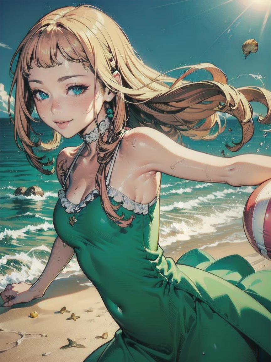  Delicate and Beautiful CG Art ),(Best Quality,  ultra detail ,  Kampala),( Dynamic Angle,  dynamic lighting ),(1 character),( pink and blond long hair ),  blue eyes , Beautiful Face),  1 girl, (Long sideburns, plant, smile,  long blue dress , 3 d,  Ocean , water, Beach ball, shell, sunny, In the Wind 