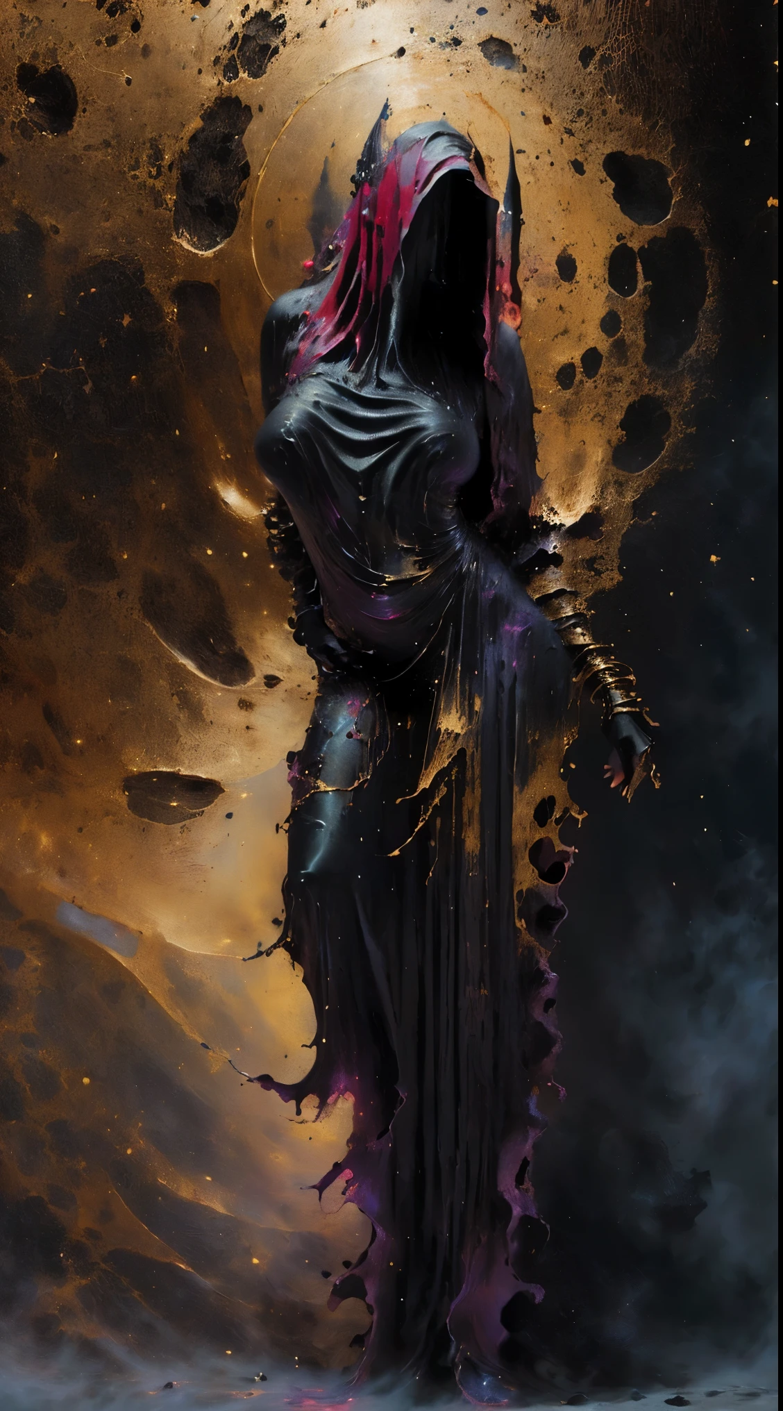 (body formed by galactic liquid mauevine and black metallic paint twisting into a beautiful interpretation of the female figure), au naturel,((complex galactic metallic colours in the foreground)), (( fluid mechanics, the loveliest smooth scale face makeup, smirky expression)) - red, black and gold, onyxia, metallic color palette g0s1