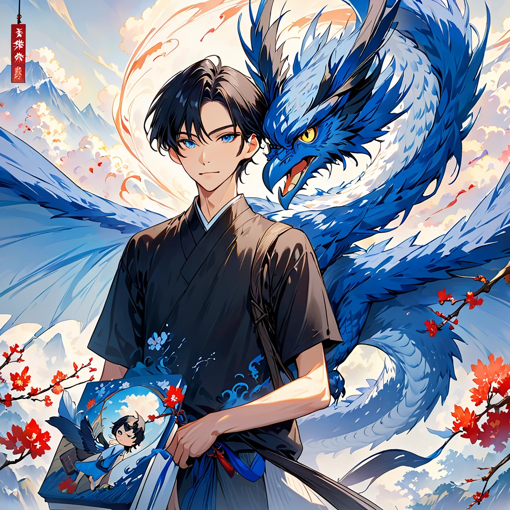 1 30-year-old man。 tall, slender, and wearing a plain black t-shirt。I have black hair and my hair is pretty short 。I'm carrying an owl on my shoulder。 There is a blue dragon swirling in the background。 colorful ink painting based on blue 。