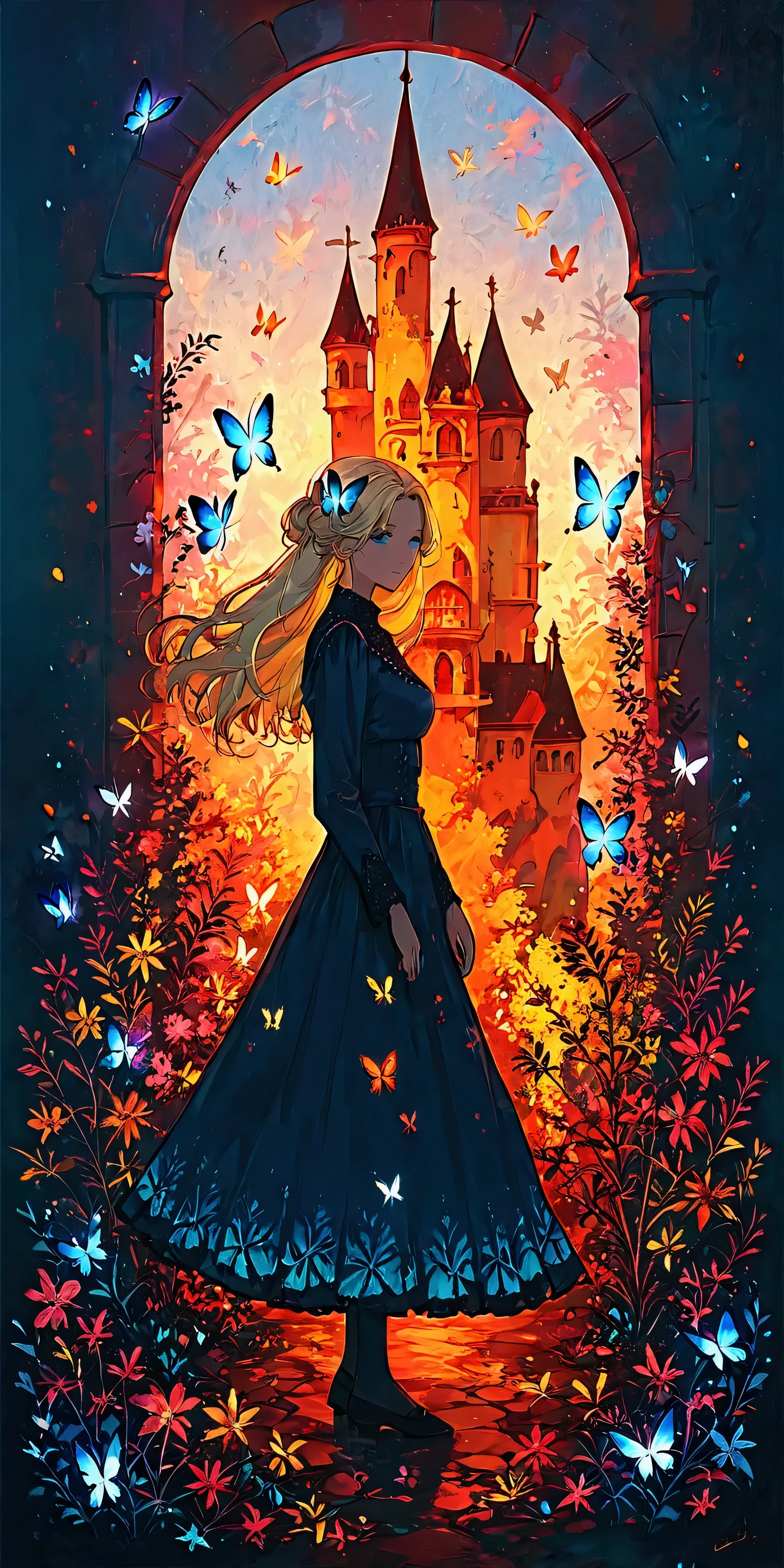 a very beautiful castle/(full body/),beautiful long blonde princess, colorful butterflies,many flowers and petals,colorful,pastel color,vivid color.score_9, score_8_up, score_7_up, score_6_up, score_5_up, score_4_up, source_anime,source_furry,rating_safe,rating_questionable,masterpiece, best quality, perfect anatomy , very aesthetic , absurdres ,vivid color,golden hour