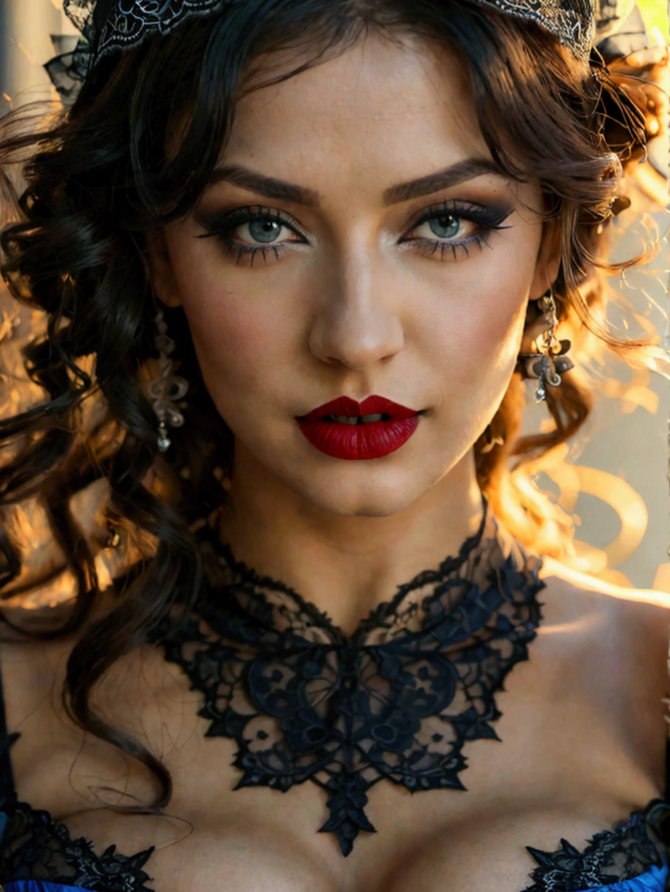 chica sexy, Bella, king, blue eyes, deep black eye shadow , red lips, big breasts , sexy black lace lingerie, lace garters and tights , sunny day. high resolution .