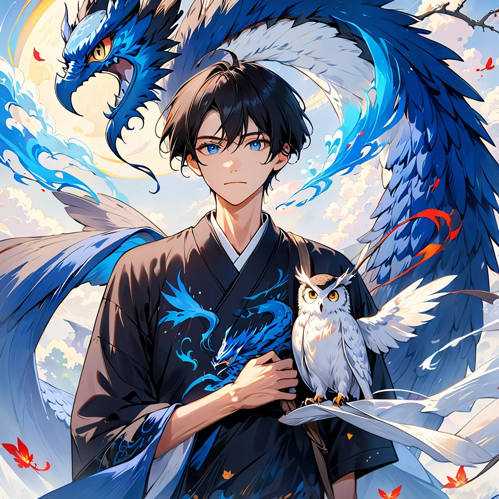 1 30-year-old man。 tall, slender, and wearing a plain black t-shirt。I have black hair and my hair is pretty short 。I'm carrying an owl on my shoulder。 There is a blue dragon swirling in the background。 colorful ink painting based on blue 。