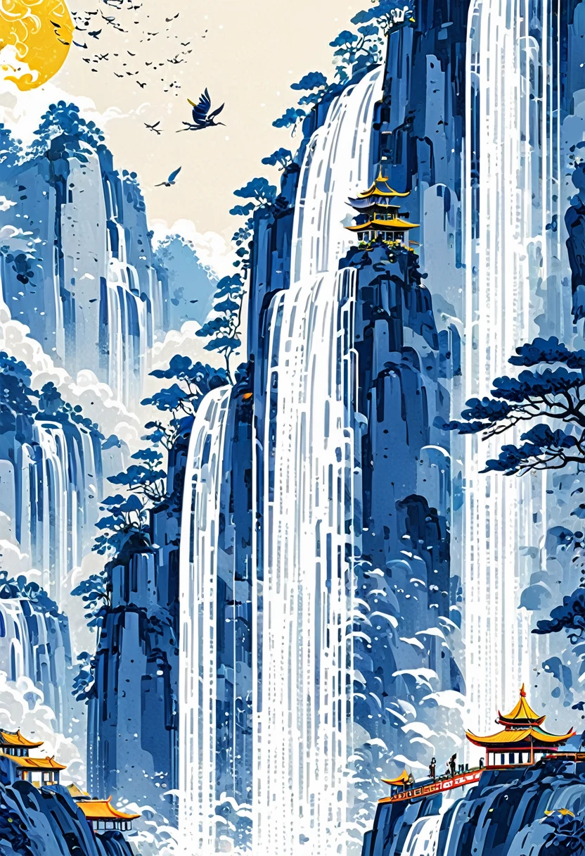 new chinese style,The largest waterfall. The longest waterfall with splashes,crane,mountain,cloud,Moon,tree
