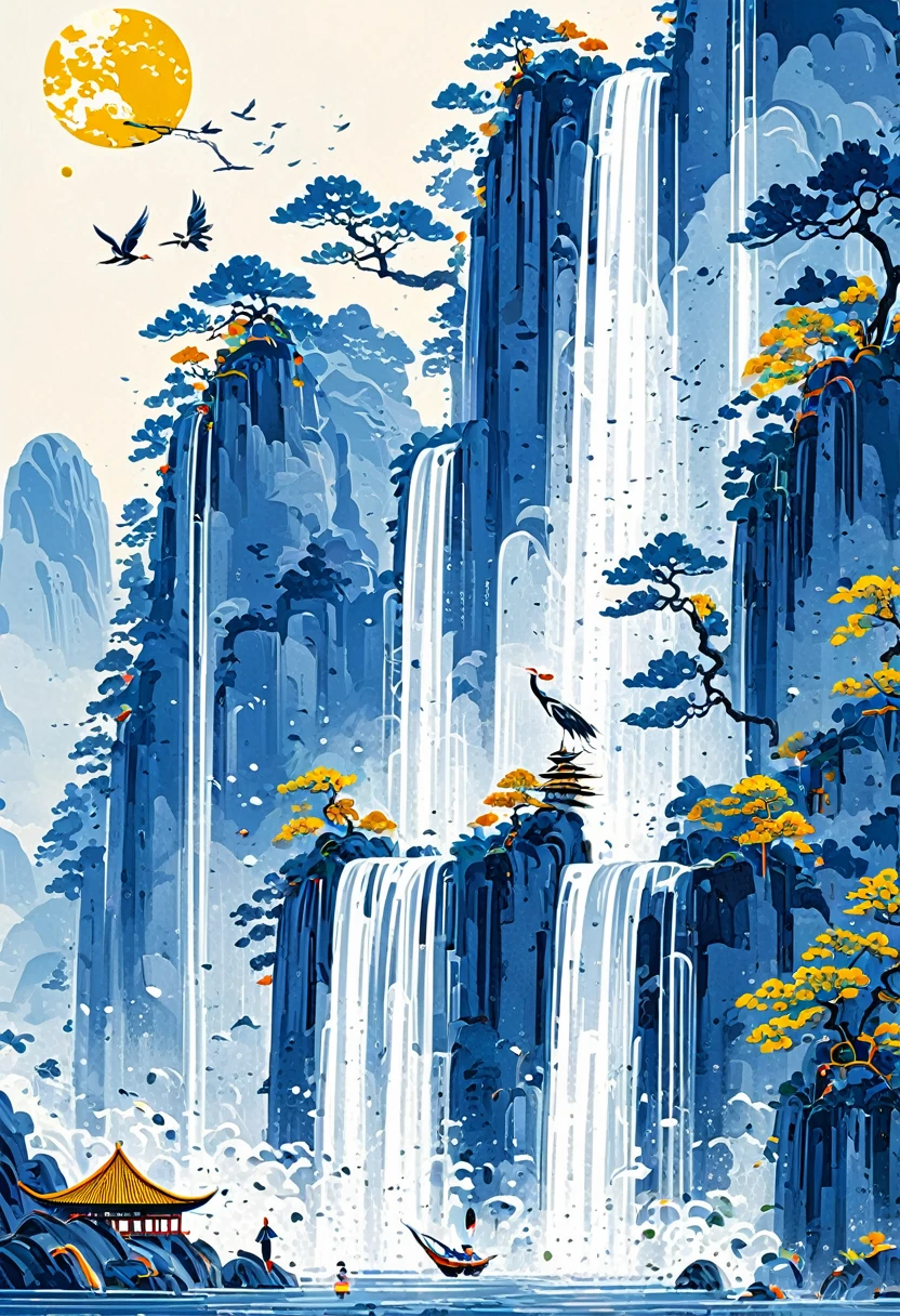 new chinese style,The largest waterfall. The longest waterfall with splashes,crane,mountain,cloud,Moon,tree
