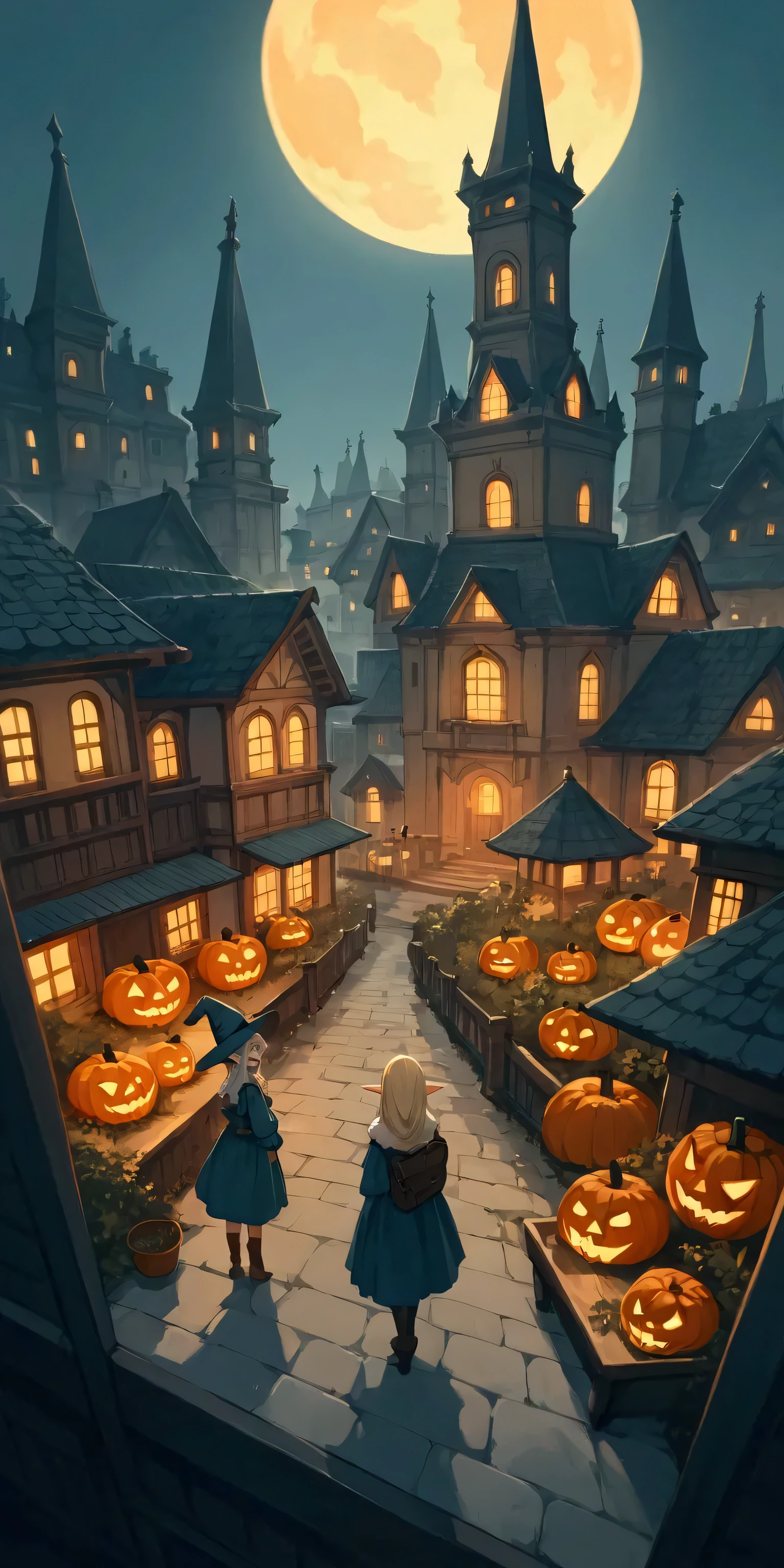 Jack-o-lantern,elaborate city.In city live 6+girls\(cute, very small, dwarf, elf ears, witch clothes\).from above.score_9, score_8_up, score_7_up, score_6_up, score_5_up, score_4_up, source_anime,source_furry,rating_safe,rating_questionable,masterpiece, best quality, perfect anatomy , very aesthetic , absurdres,limited pallet,(dynamic angle)