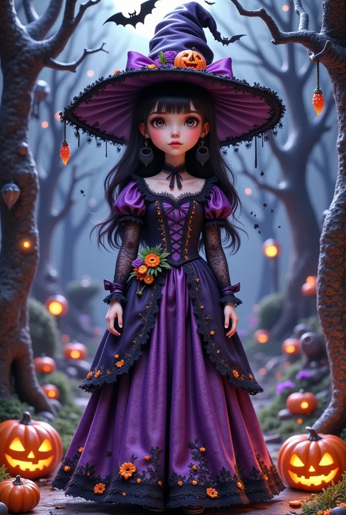 Micro Landscape：girl，Halloween。Detailed clothing,Halloween,Gothic, Dark Fantasies , surrealism, colorful , vibrant , gloomy lighting , dramatic lighting