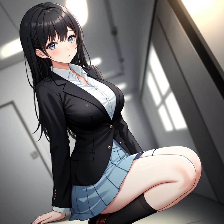 Black Hair，Petite,Large breasts,blazer, light blue shirt， blue check skirt, knee socks,Thighs,storehouse,basement