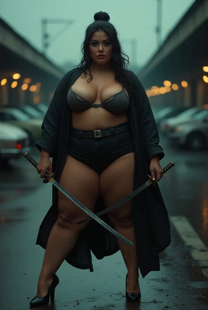 tribal black granny, very curvy, vuloptuous, curvacious,  ((enormous breasts:1,8)), ((gigantic breasts:1,7)), ((very long breasts:1,7)), ((very wide breasts:1,6)), ((full body view)), hyper large breasts, (wide hips), (curly vivid yellow afro), symetrical face, sweaty, shiny skin, glistening skin, sweat dripping, wearing golden high heels, ((long legs:1,4)), ((wearing short pink shirt)), (open shirt) intrcate, intricate golden chain around waste, (intricate tattoo on legs), ((holding swords)), ((running in dark streets)), neons above her, street crowd behind, 4k, masterpiece, high resolution, hot evening, dark atmosphere, deep shadows, scary scene, photo realistic, view from front, view from bellow, camera on the floor, full body shot, distant shot